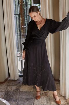 Isabella Long Sleeve Wrap Dress – ELF Romantic Cocktails, Cocktail Night, Long Sleeve Wrap Dress, Long Sleeve Midi, Long Sleeve Midi Dress, Pearl Buttons, Womens Clothing Sizes, Fabric Shop, Ethical Fashion