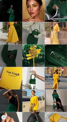 a collage of photos with different colors and patterns on them, including green and yellow