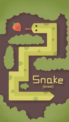 the snake is next to an apple on top of some bushes and trees, with words above it