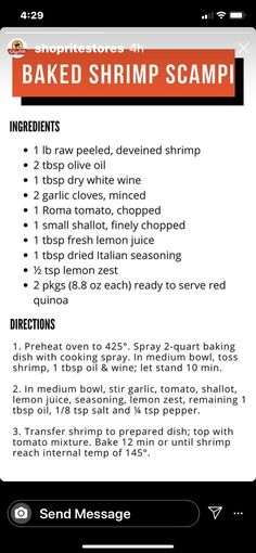 the recipe for baked shrimp scampi is shown on an iphone screen, with instructions