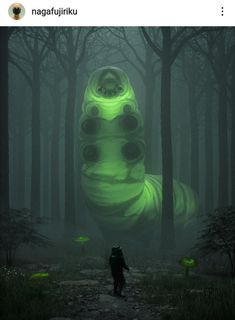 a person standing in the middle of a forest with an alien like creature on it's back