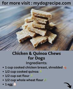 Homemade dog food recipes | Chicken & Quinoa Chews for Dogs 🍗🌾 | Facebook Dog Food Recipes With Chicken, Quinoa Dog Food Recipes, Dog Food With Chicken, Quinoa Breaded Chicken, Quinoa Cooking Instructions, Chicken Quinoa, Oat Flour, Homemade Dog Food, Cook Chicken Breast