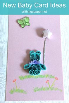 quilled bear on handmade card holding the string of a paper star balloon while an acrylic butterfly flies above Baby Shower Card Ideas, Rack Cards Design, Origami Lucky Star, Quilling Animals, Baby Cards Handmade, Baby Shower Card, Cute Ideas