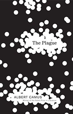 the plague by albert camus book cover with white dots on black and white background