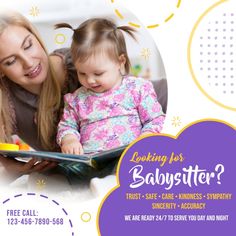 a woman holding a baby while looking at a book with the caption looking for babysitter?