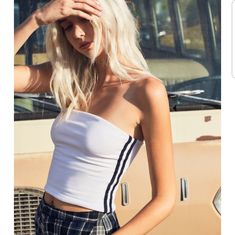 Nwot. No Trades. One Size. Fits Like Xs-S. Stripe Is Dark Navy. White Sporty Crop Top For Spring, Sporty White Crop Top For Spring, Tops Brandy Melville, Striped Tube Top, Brandy Melville Tops, Side Stripe, Dark Navy, Tube Top, Brandy Melville