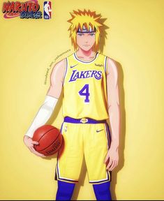 an anime character holding a basketball in his right hand and wearing a yellow uniform with the number 4 on it