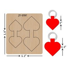 a wooden block with two heart shapes and a metal ring on the bottom, along with measurements for each block