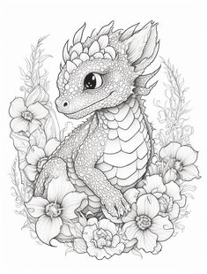 a drawing of a dragon surrounded by flowers