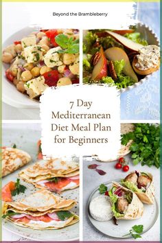 seven day mediterranean diet meal plan for beginners, including salads and pita bread