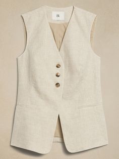 Lina Linen Vest | Banana Republic Chic Linen Vest, Linen Vest, Classic Tailored Linen Vest, Tailored Sleeveless Linen Vest, V-neck Linen Vest For Workwear, Chic V-neck Linen Vest, Blazer Outfits For Women, Suit Vest, Tunic Length