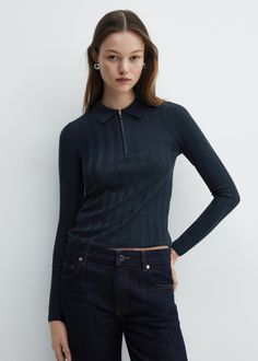 Zip neck jumper Mango Sweater, Polo Knit, Zip Polo, Mango Outlet, Mango Tops, Polo Neck, Fine Knit, Polo Collar, Jumpers For Women