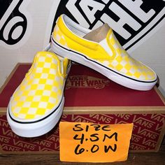 Brand New Authentic Vans With Box And Stickers Attached Same Day Shipping 100% Original Casual Neon Yellow Sneakers For Summer, Yellow Slip-on Sneakers For Spring, Yellow Vans Sneakers Sporty Style, Yellow Vans Sneakers With Round Toe, Sporty Yellow Vans Sneakers, White Checkard Vans, Vans Slip On Pro, Vans Yellow Low-top Sneakers, White Checkerboard Vans