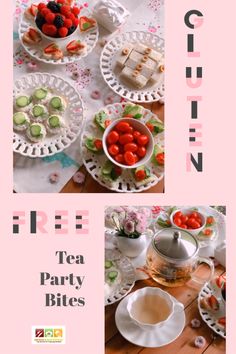 the menu for a tea party is shown in pink and white, with different foods on plates