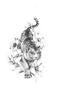 a drawing of a tiger with flowers on it's back and one eye open