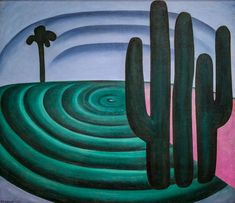 an abstract painting with green and pink hues, cactus trees in the foreground