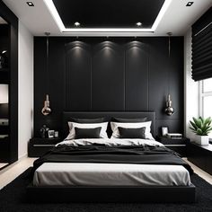 a bedroom with black walls and white bedding is pictured in this image, there are lights on the ceiling above the bed