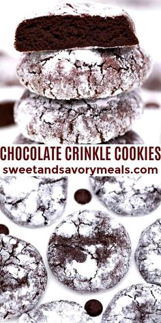 chocolate crinkle cookies stacked on top of each other with the words, chocolate crinkle cookies