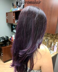 Black Hair With Light Purple Highlights, Brown Hair With Purple Lowlights, Purple Skunk Highlights, Grape Color Hair, Dark Brown Hair With Hints Of Purple, Brunette Purple Highlights, Hair Color Purple Highlights, Dark Violet Highlights On Black Hair, Natural Purple Hair