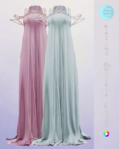 two dresses are shown in different colors