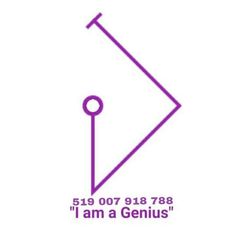 the logo for i am a genius, which is purple and has an arrow on it