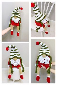 four pictures of the same santa clause hat on a chair, one in green and white