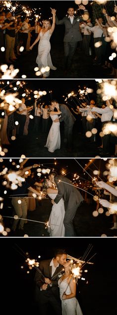 the bride and groom are dancing with sparklers