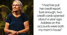 an older woman with glasses sitting in front of a fern covered tree and text that reads, i had her pull her credit report