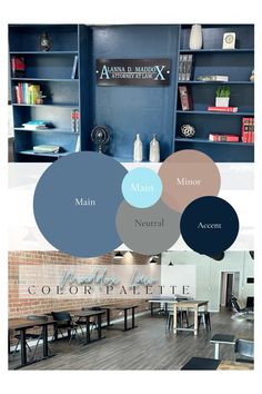 the color scheme for this dining room is blue, brown, and white with black accents