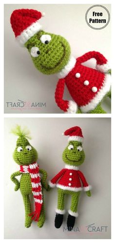 two crocheted items are shown in different positions, one has a santa hat and the other is an elf