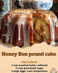 a cake with white icing is on a plate and has the words honey bun pound cake