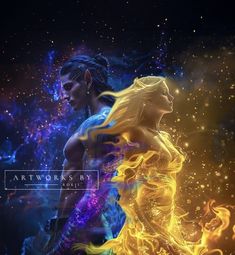 a man and woman with fire in their hands, standing next to each other on a black background