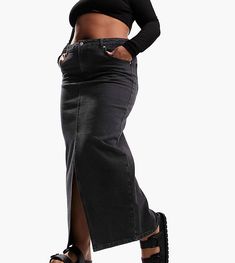 ASOS DESIGN Curve denim midi skirt with split hem in washed black Black Denim Midi Skirt, Split Front Skirt, Skirt With Split, Long Jean Skirt, Asos Curve, Mid Length Skirts, Denim Midi Skirt, Plus Size Skirts, Skirt Outfit