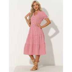 This summer dress features a timeless gingham print, adding a touch of vintage charm to your wardrobe. This pattern never goes out of style and is perfect for creating a retro-inspired look. A must-have option for the new season, adds new styles to your wardrobe. The ruffle trim detailing on this dress adds a feminine and playful touch. It adds dimension to the design, making it an eye-catching piece that will make you stand out. The V-neckline of this dress enhances your neckline and creates a Short Sleeve Gingham Midi Dress For Picnic, Gingham Short Sleeve Midi Dress For Picnic, Picnic Gingham Midi Dress With Short Sleeves, Retro Gingham Plaid Dress For Spring, Retro Gingham Dress For Spring, Retro Gingham Plaid Spring Dress, Retro Plaid Dress For Spring, Knee-length Gingham Midi Dress For Picnic, Gingham Short Sleeve Midi Dress For Day Out