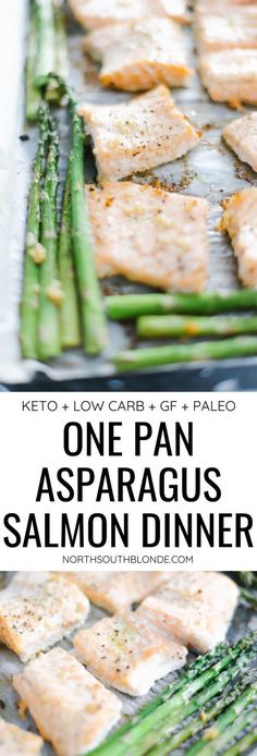 one pan asparagus salmon dinner with broccoli on the side and text overlay that reads, one pan asparagus salmon dinner