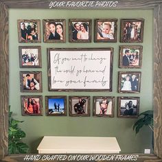 a group of pictures hanging on the wall above a table with a sign that reads, your favorite photos