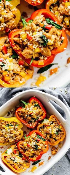 stuffed bell peppers with rice and herbs in a white casserole dish