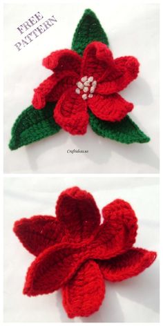 crocheted poinsettis with leaves and flowers are shown in three different colors