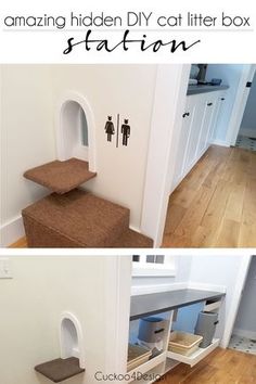 the cat house is built into the wall and has stairs to go up it's side