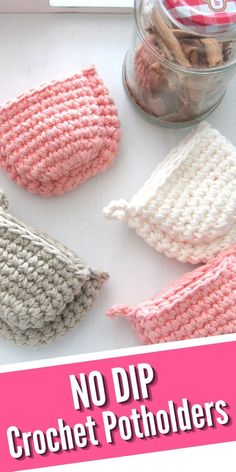 four crochet pouches with text overlay that says no dip crochet pot holder free pattern