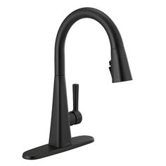 a black kitchen faucet with the handle extended