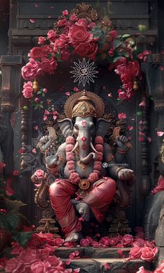 an elephant statue surrounded by flowers and candles