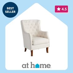 a white chair sitting in front of a blue background with the words best seller at home