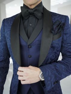 Elegant Blue Suits With Button Closure, Fitted Blue Outerwear With Covered Buttons, Fitted Outerwear With Button And Shawl Collar, Fitted Outerwear With Shawl Collar And Buttons, Fitted Shawl Collar Outerwear With Buttons, Elegant Blue Outerwear For Wedding, Elegant Fitted Outerwear With Paisley Print, Elegant Fitted Paisley Print Outerwear, Blue Prom Suit