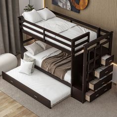 a bunk bed with drawers underneath it