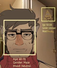 an animated man with glasses and a red shirt