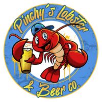 the logo for pinchy's lobster and beer co, with a cartoon lobster holding a pint of beer