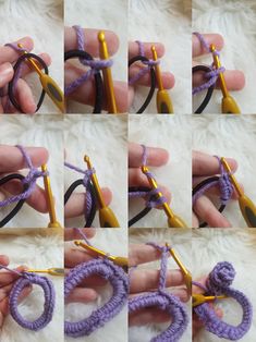 four pictures show how to crochet the letters g and o with yarn scissors