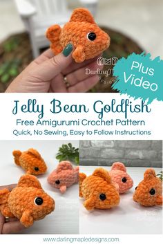 there is a small crocheted goldfish with black eyes