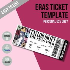 a pink and white ticket with the words, eras ticket template personal use only on it